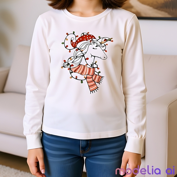 Holiday Time Other - White Unicorn Graphic Christmas Long sleeve Girls Shirt